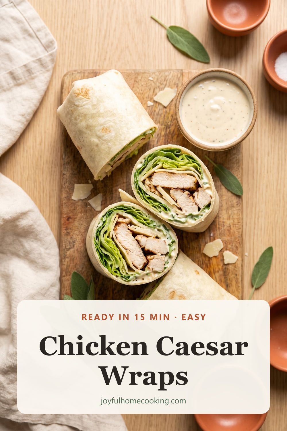 Chicken Caesar wraps cut in half Pinterest image