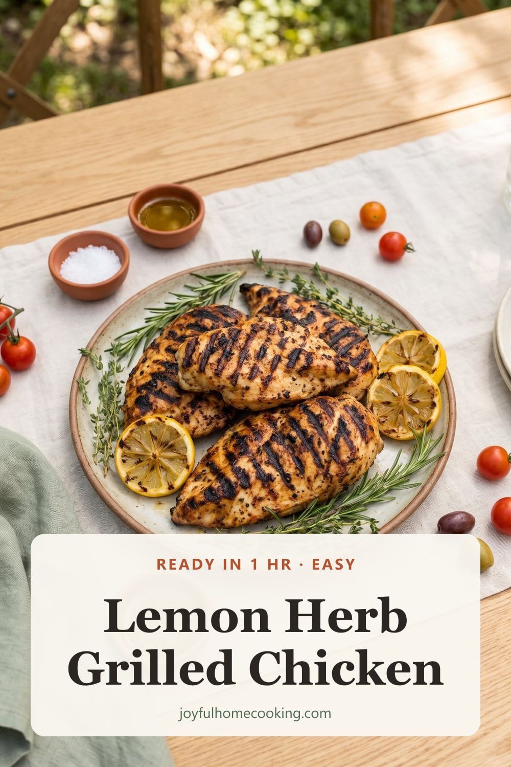 Lemon herb grilled chicken on a platter Pinterest image