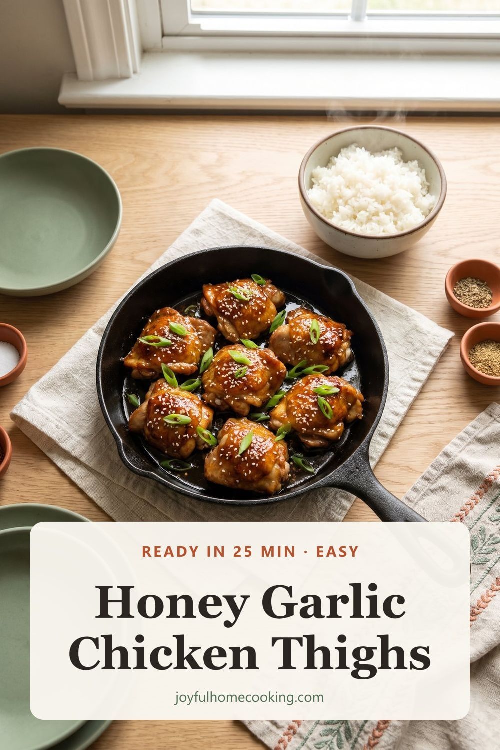 Sticky honey garlic chicken thighs in a skillet Pinterest image